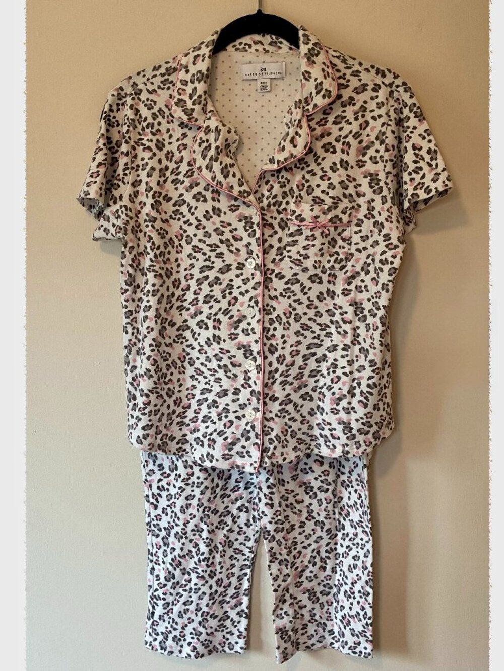 Karen Neuburger Sz Small | White and Pink Leopard Print Pajama Top + Pants Set